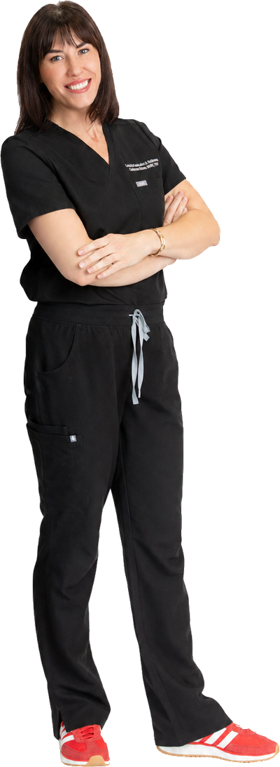 Catherine White, MSN, FNP-C, co-owner and nurse practitioner at Colonial Aesthetics & Wellness in Williamsburg, Virginia, in black scrubs