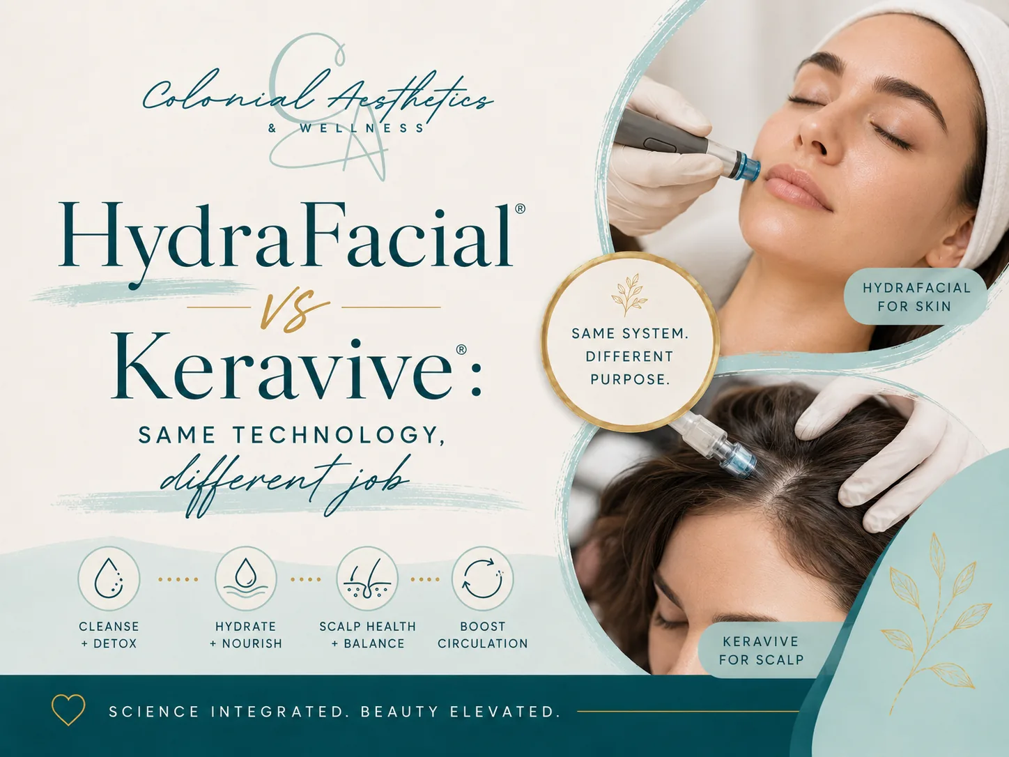 HydraFacial on the face and Keravive on the scalp — Colonial Aesthetics & Wellness comparison