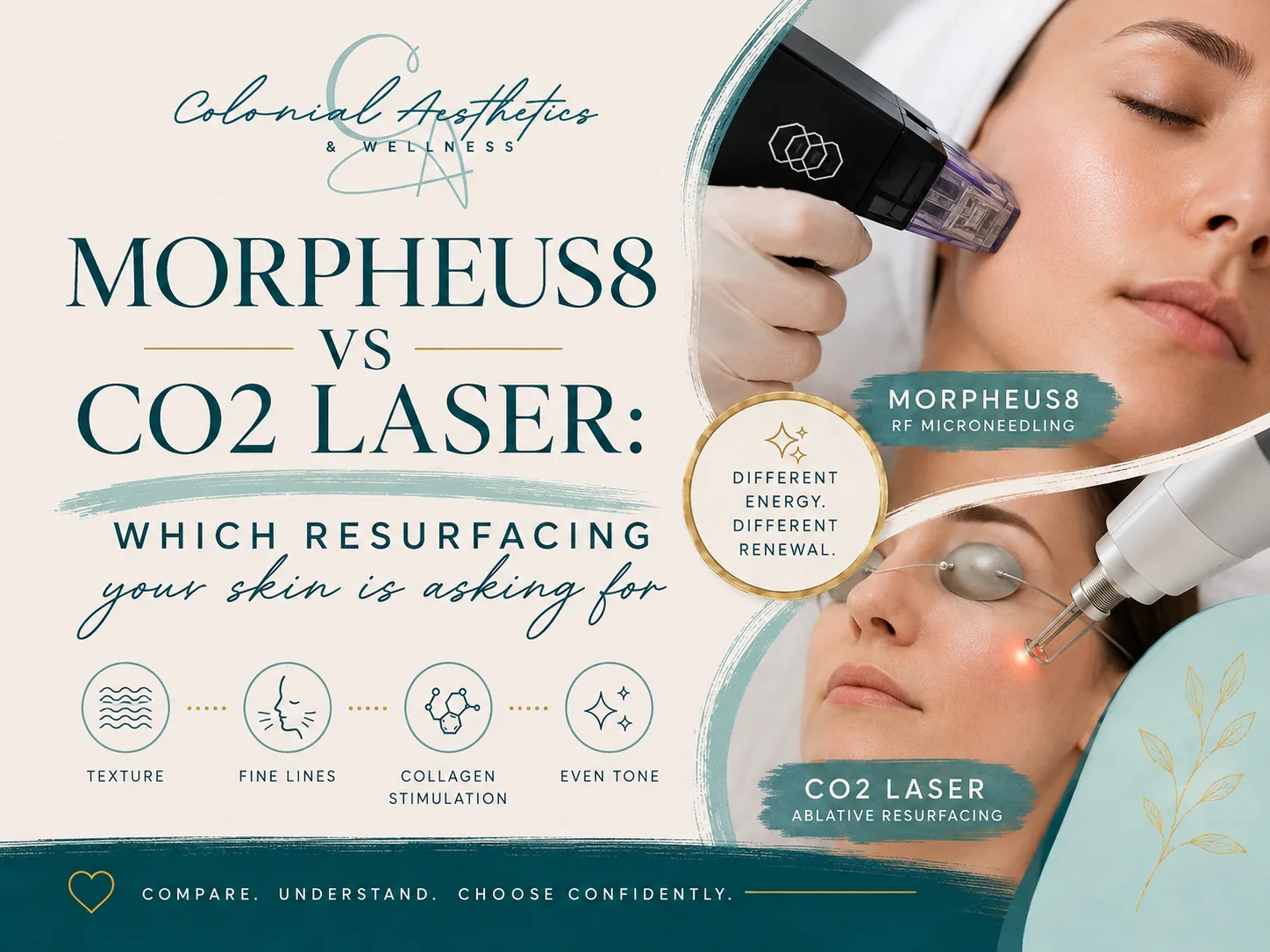 Morpheus8 RF microneedling and CO2 laser resurfacing side by side — Colonial Aesthetics & Wellness comparison