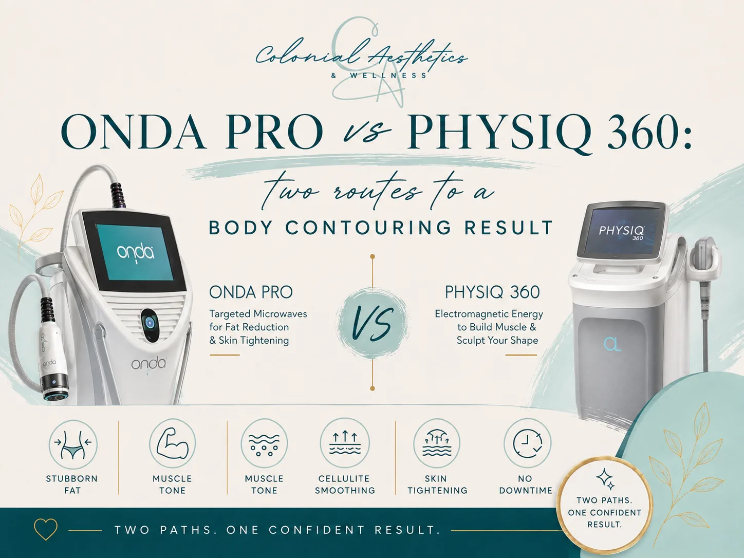 Onda Pro and Physiq 360 body contouring devices side by side — Colonial Aesthetics & Wellness comparison
