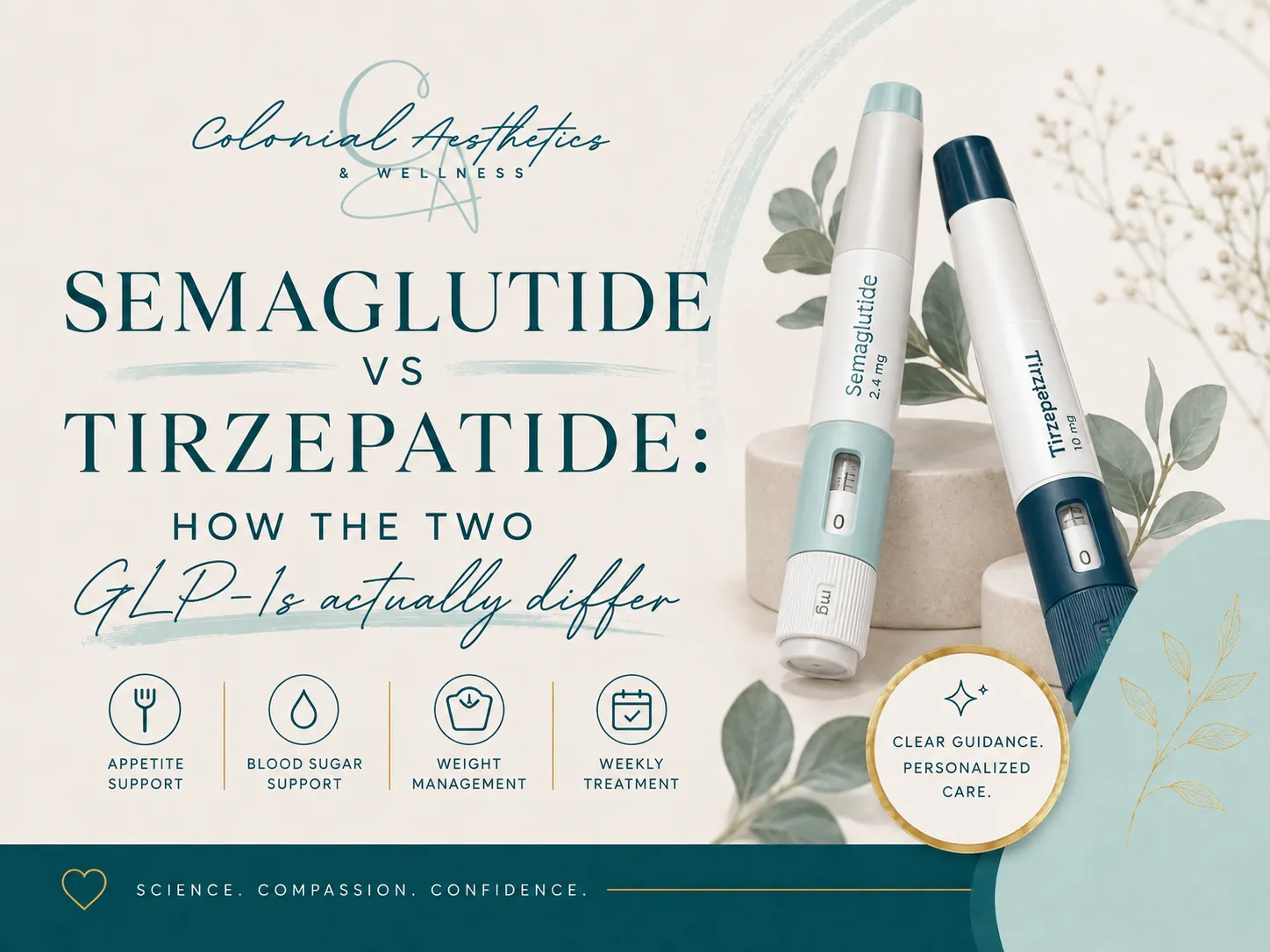Semaglutide and tirzepatide injection pens side by side — Colonial Aesthetics & Wellness comparison