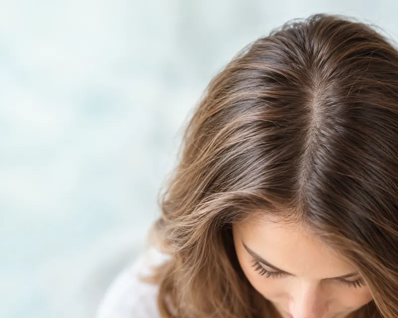 The top of a woman's head, showing her part line