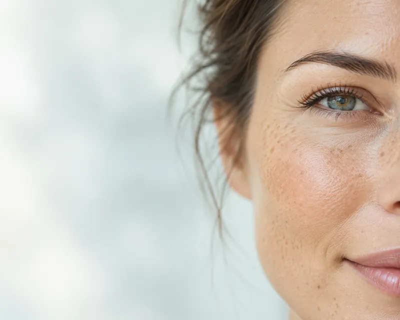A close-up of a woman's cheek and eye, showing natural skin texture and freckles