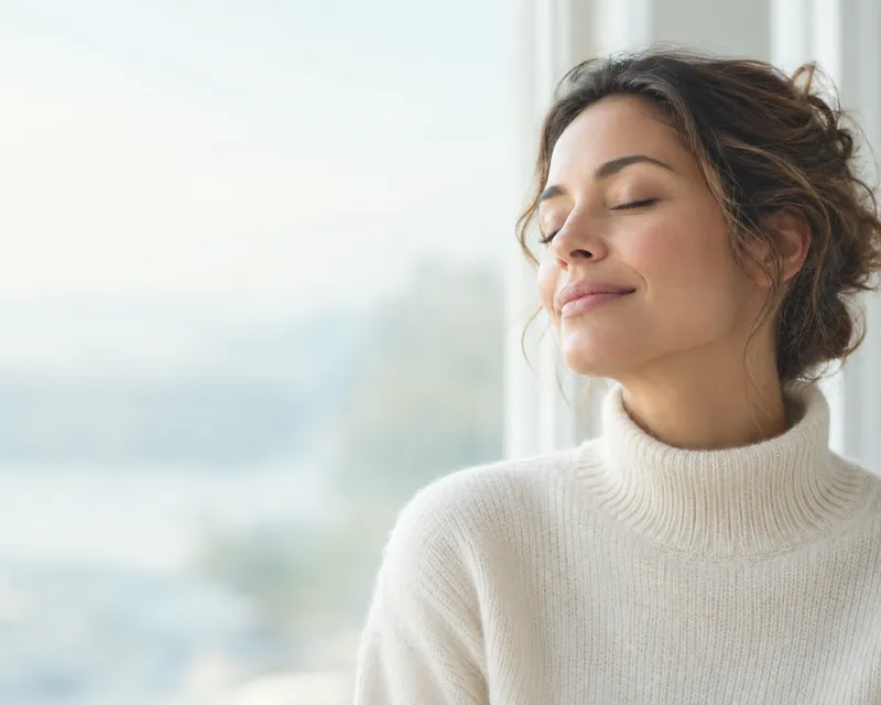 A woman with her eyes closed, resting by a sunlit window