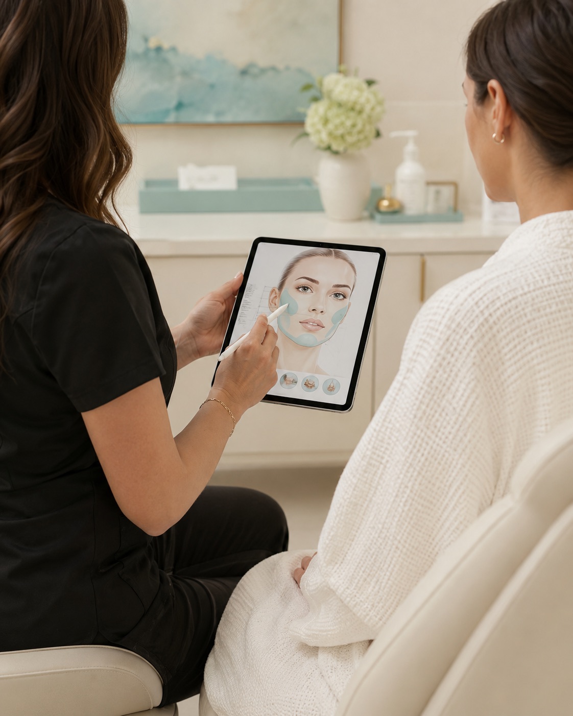 A provider reviewing a client's skin and history during a consultation