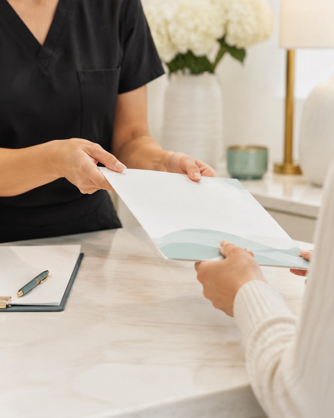 A client leaving a consultation with a written treatment plan