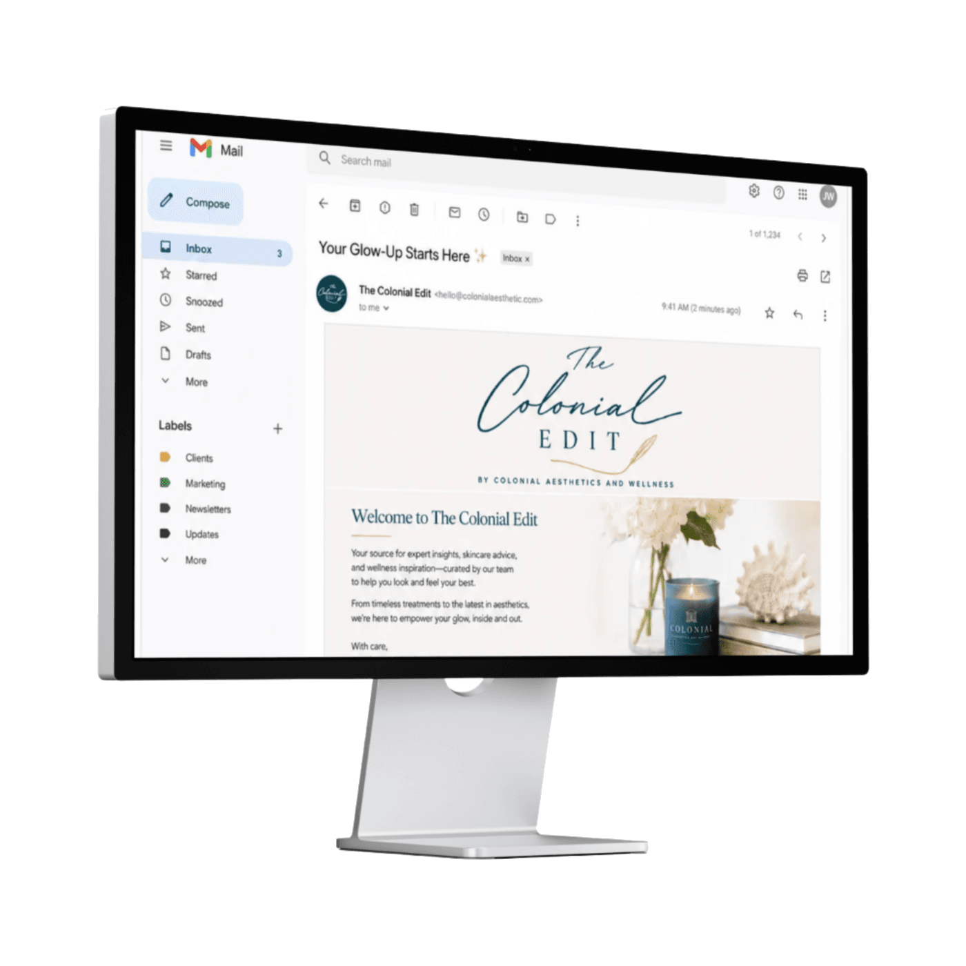 The Colonial Edit newsletter open in an email inbox on a desktop monitor.