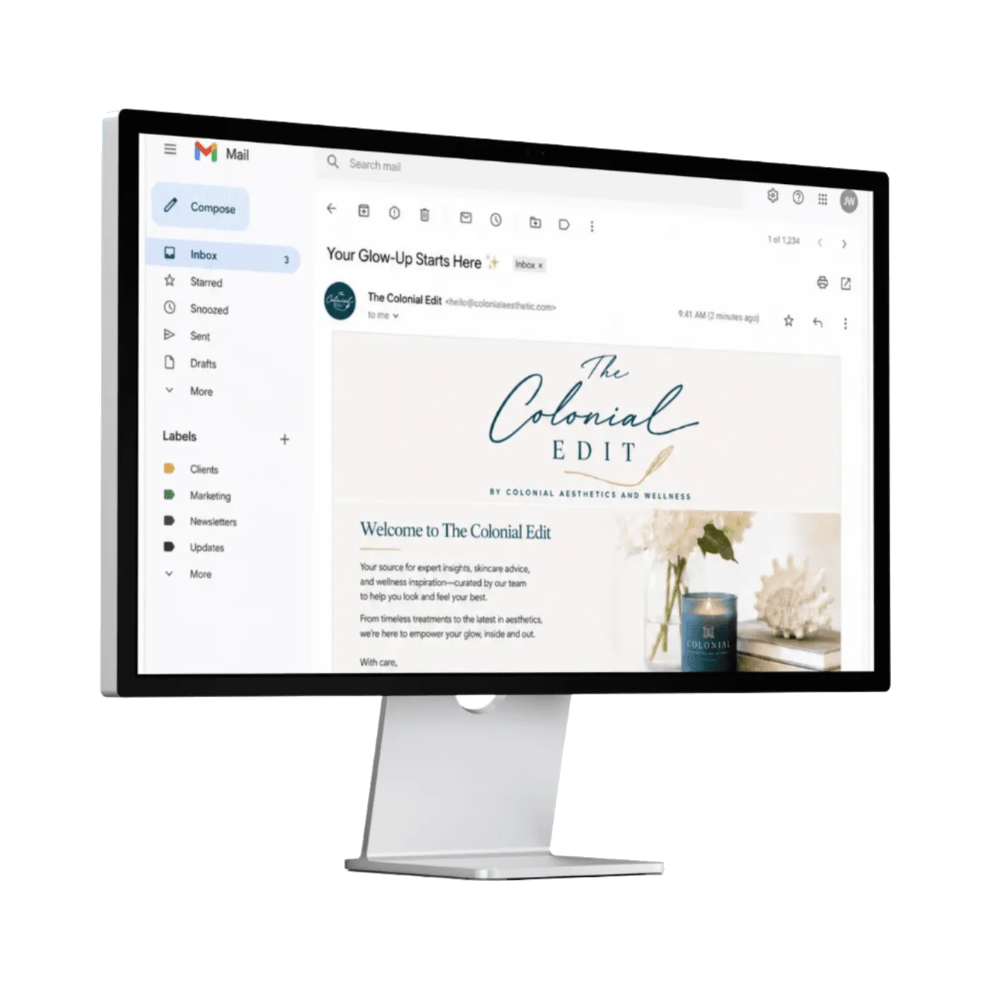 The Colonial Edit newsletter open in an email inbox on a desktop monitor.