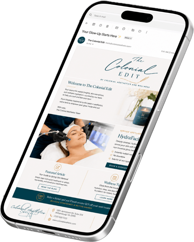 The Colonial Edit newsletter viewed on a smartphone, showing the HydraFacial service spotlight.