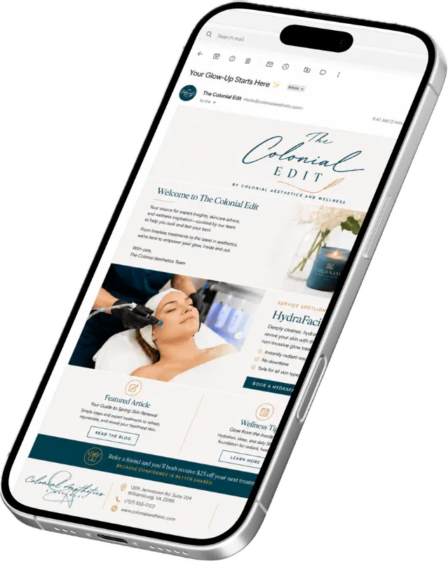 The Colonial Edit newsletter viewed on a smartphone, showing the HydraFacial service spotlight.