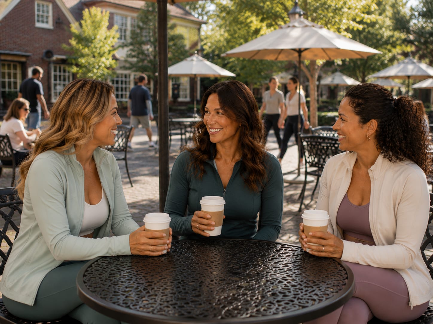 Three friends catching up over coffee on a sunny Williamsburg patio