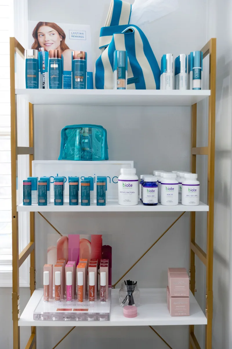 Shelves of Colorescience mineral sunscreen, Biote supplements and HydroPeptide lip products