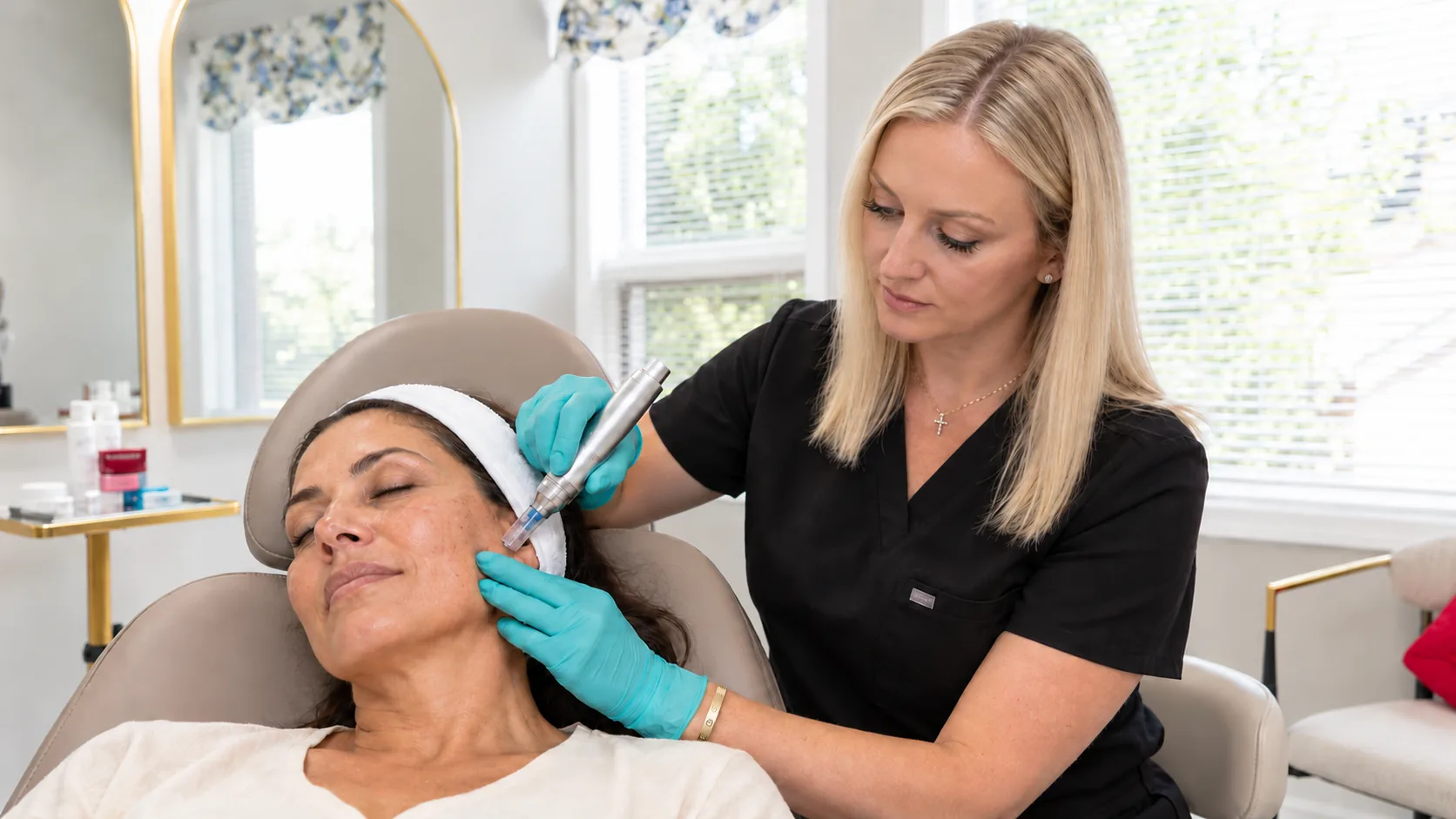 A provider treating a patient's cheek in the treatment chair