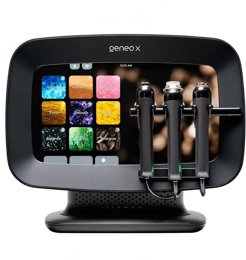 The Geneo X device used for Glo2Facial, with its three handpieces and the OxyPod formula menu on screen