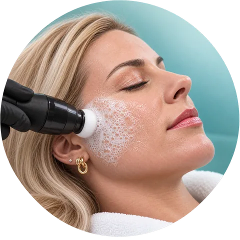 The Oxfoliation step: a foaming OxyPod being worked across the cheek