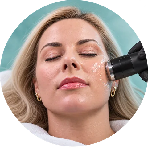 The ultrasound step: the flat applicator gliding over serum on the cheek