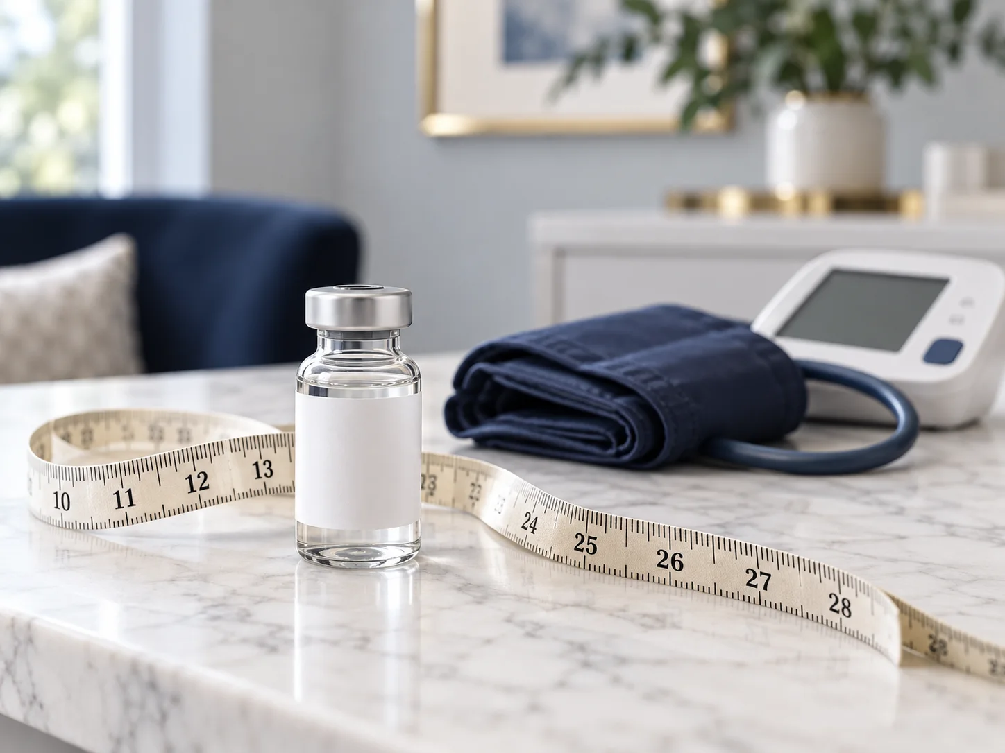 A medication vial beside a tape measure and blood pressure cuff