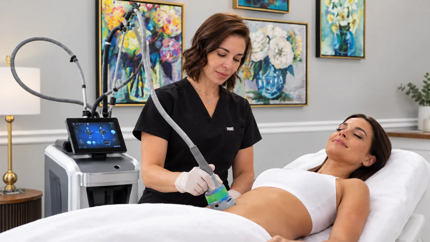 A provider treating a client's abdomen with the Onda Pro Coolwaves handpiece